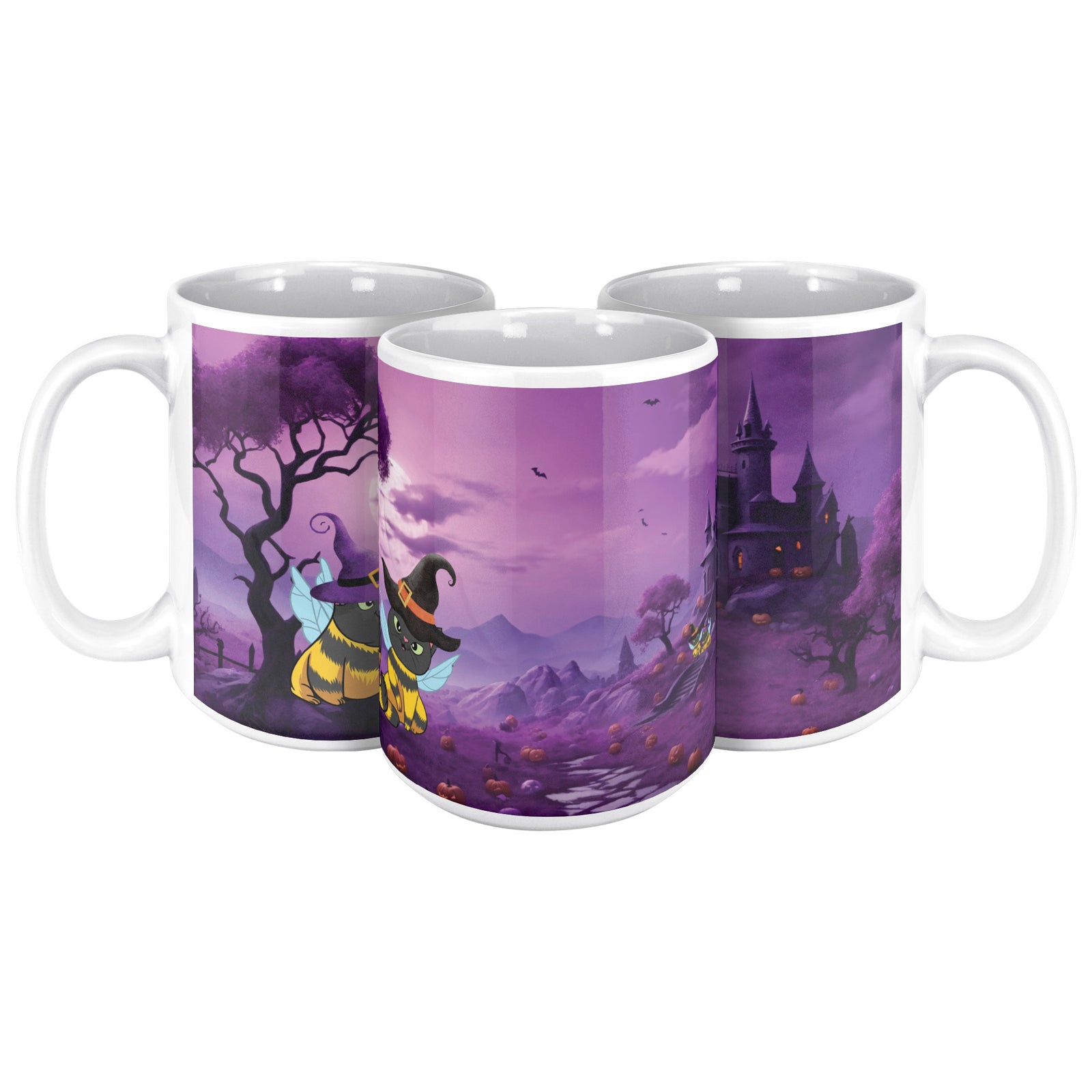 Cat Bees Wiches Hats And Spooky Castle White Coffee Mug