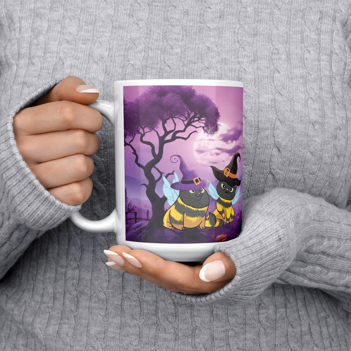 Cat Bees Wiches Hats And Spooky Castle White Coffee Mug