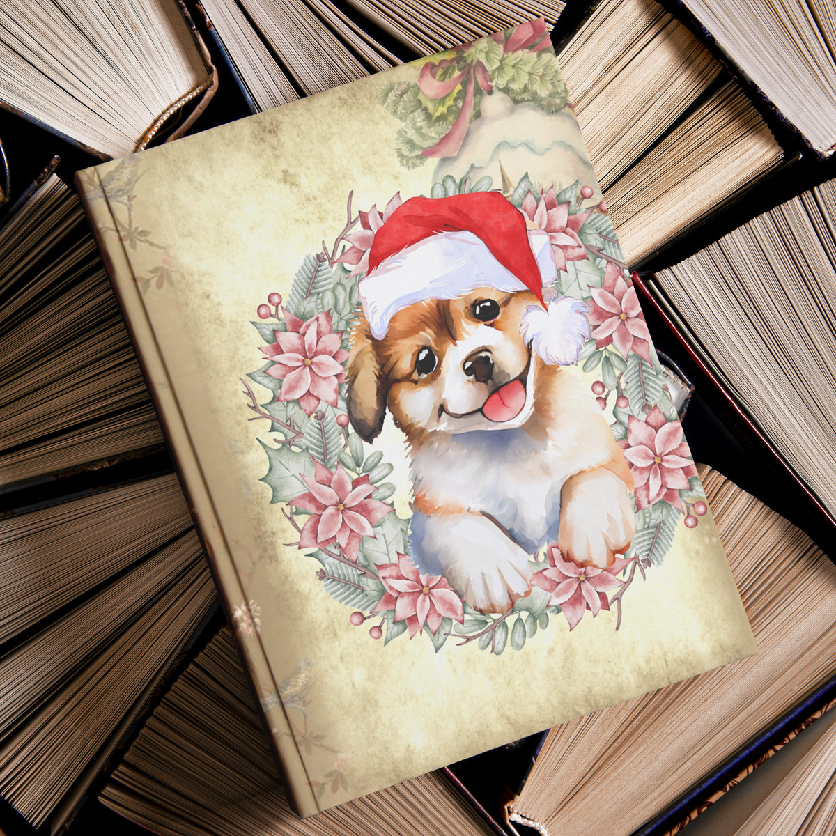 Puppy With Hat Christmas Hardcover Journal