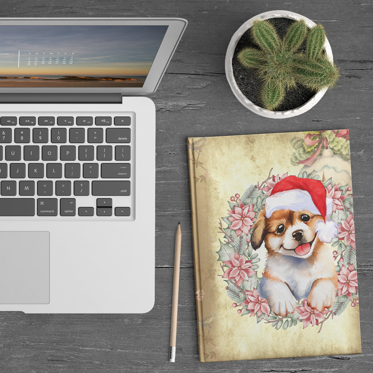 Puppy With Hat Christmas Hardcover Journal