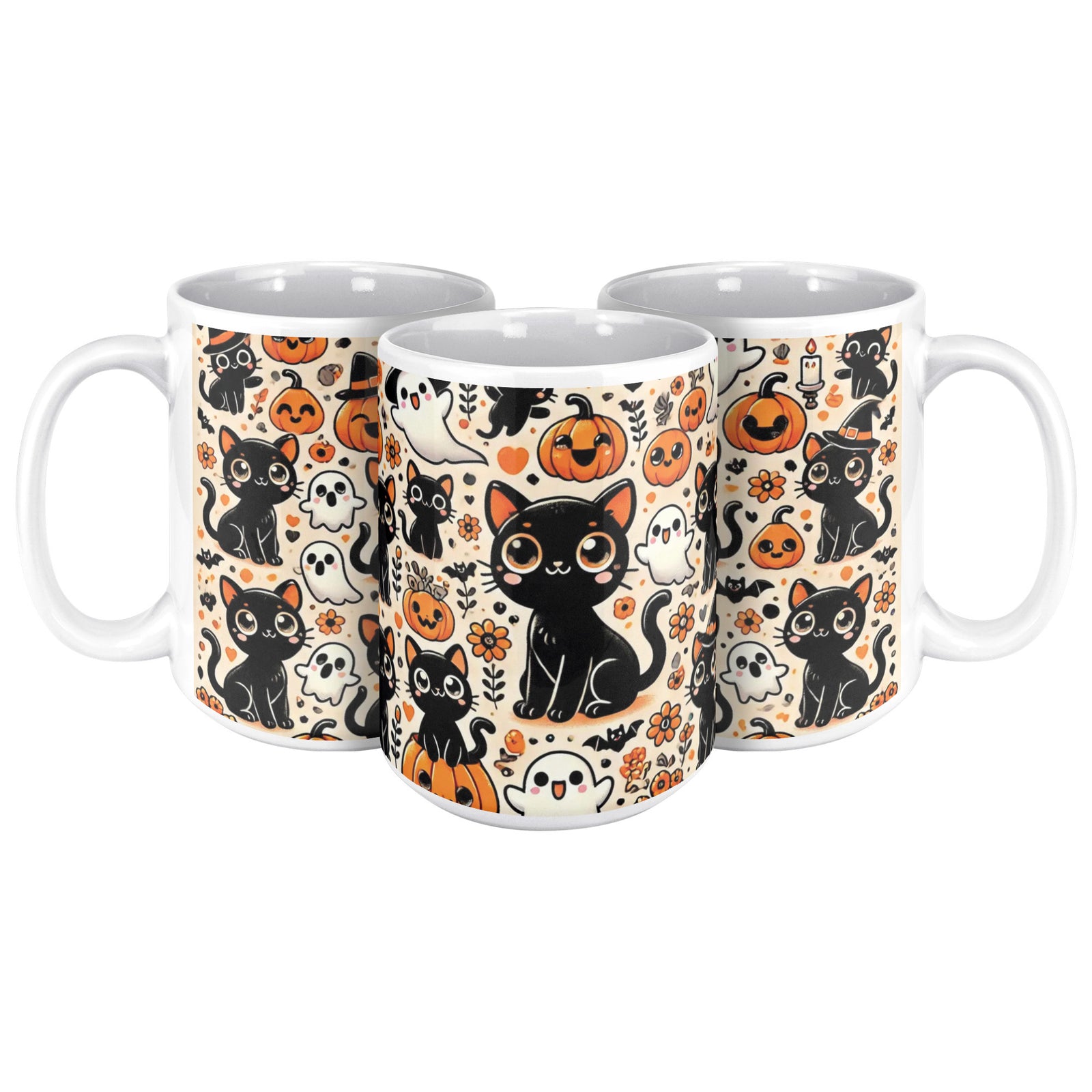 Cute Black Cat, Pumpkins And Ghosts 15 Oz Full Wrap Mug