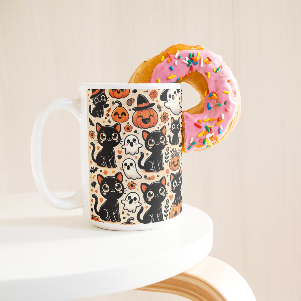 Cute Black Cat, Pumpkins And Ghosts 15 Oz Full Wrap Mug