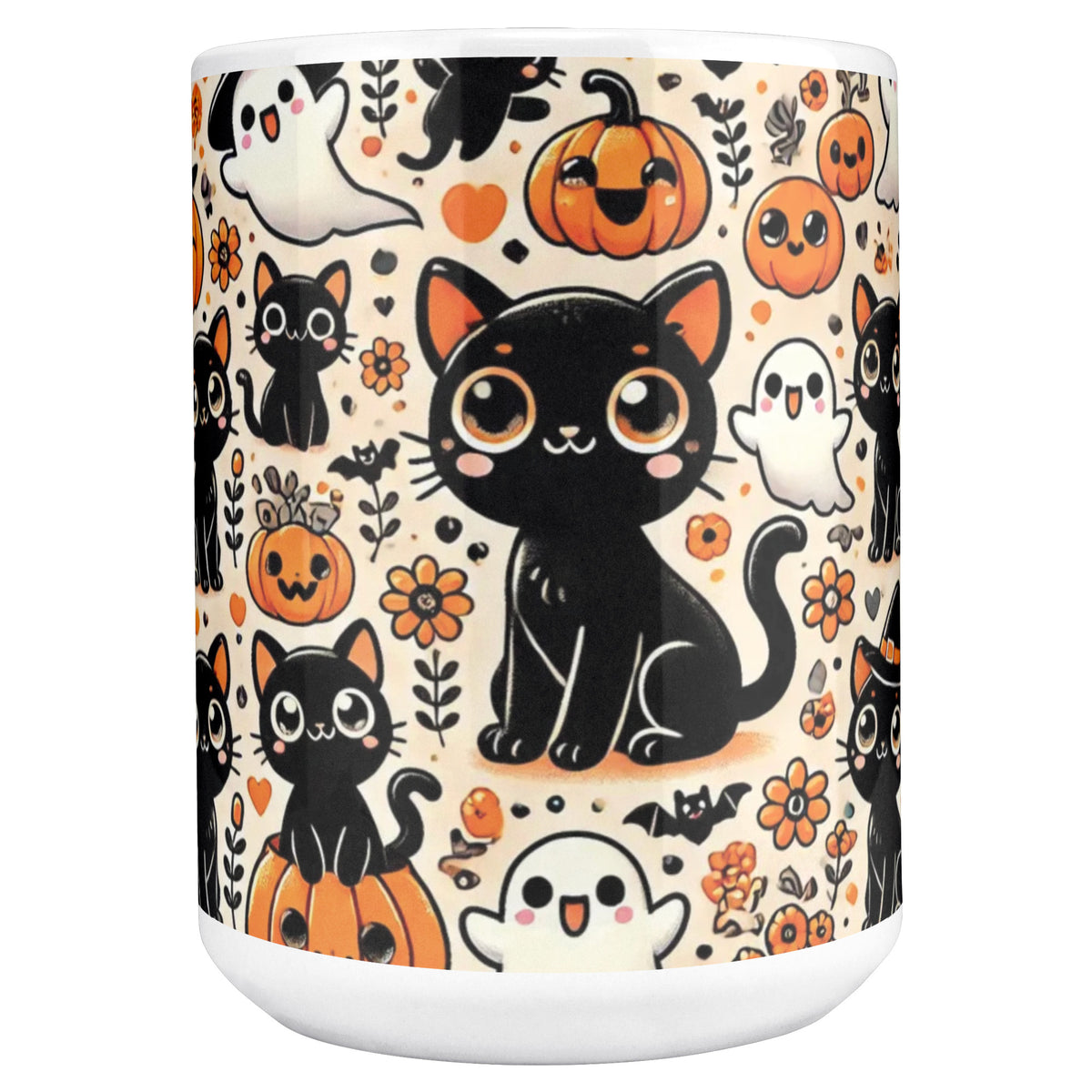 Cute Black Cat, Pumpkins And Ghosts 15 Oz Full Wrap Mug