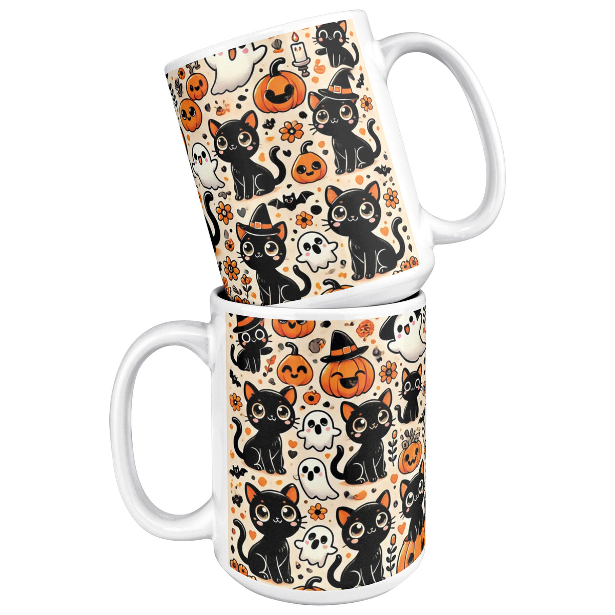 Cute Black Cat, Pumpkins And Ghosts 15 Oz Full Wrap Mug
