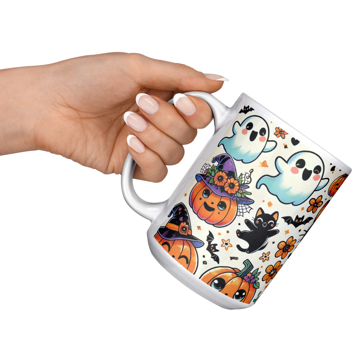 Cute Ghosts, Pumpkins And Black Cat 15 Oz Mug