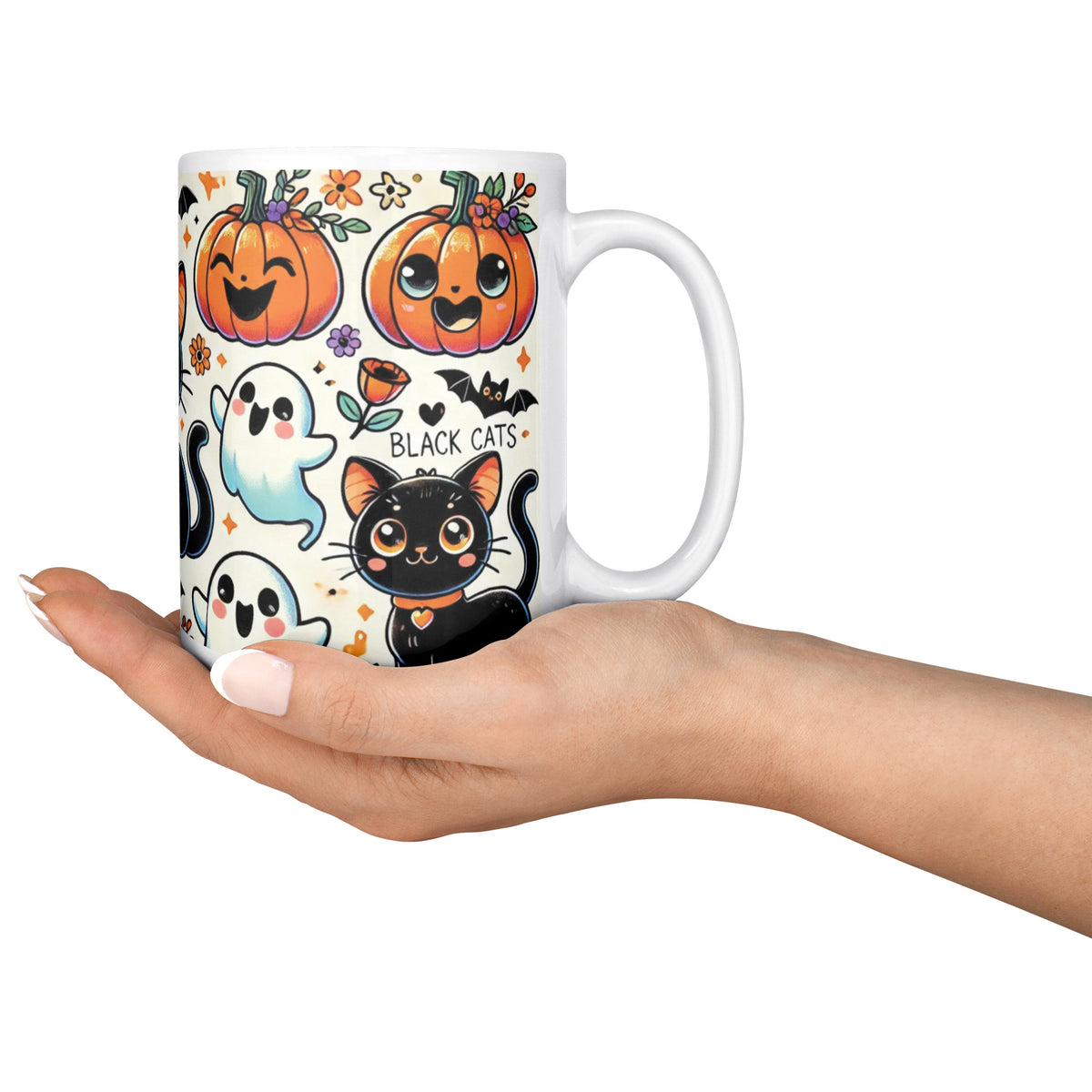 Cute Ghosts, Pumpkins And Black Cat 15 Oz Mug