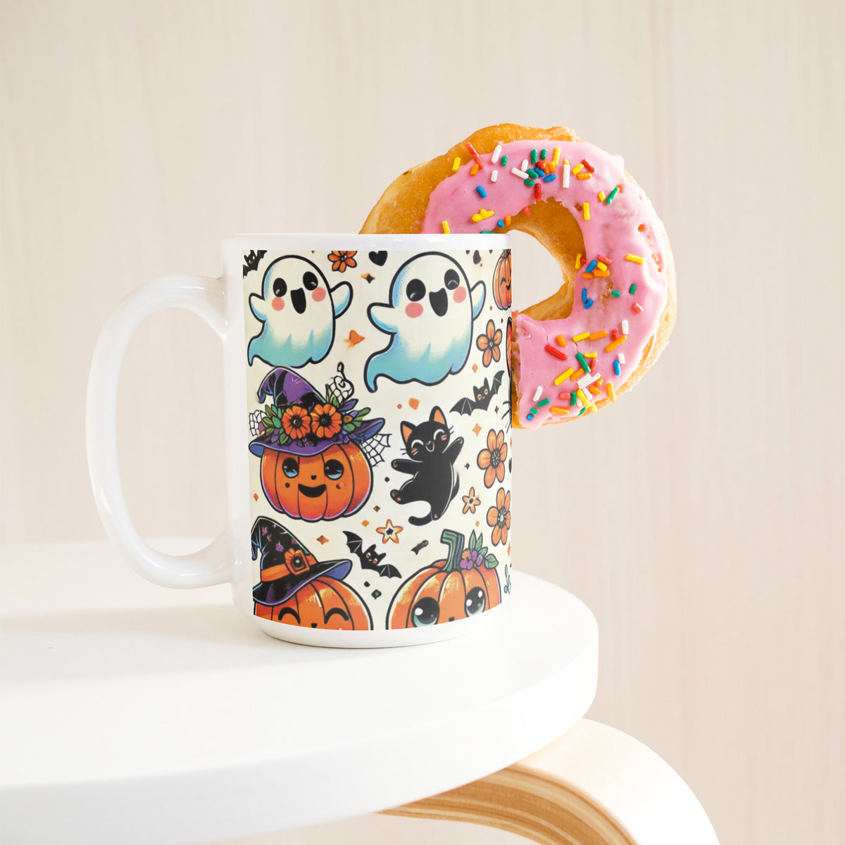 Cute Ghosts, Pumpkins And Black Cat 15 Oz Mug