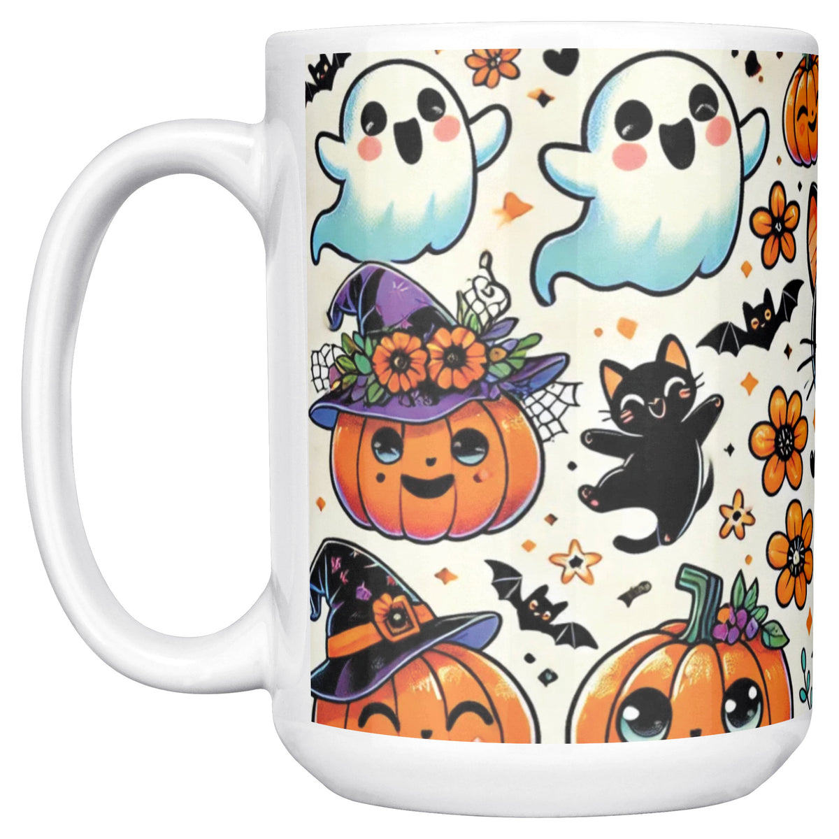 Cute Ghosts, Pumpkins And Black Cat 15 Oz Mug