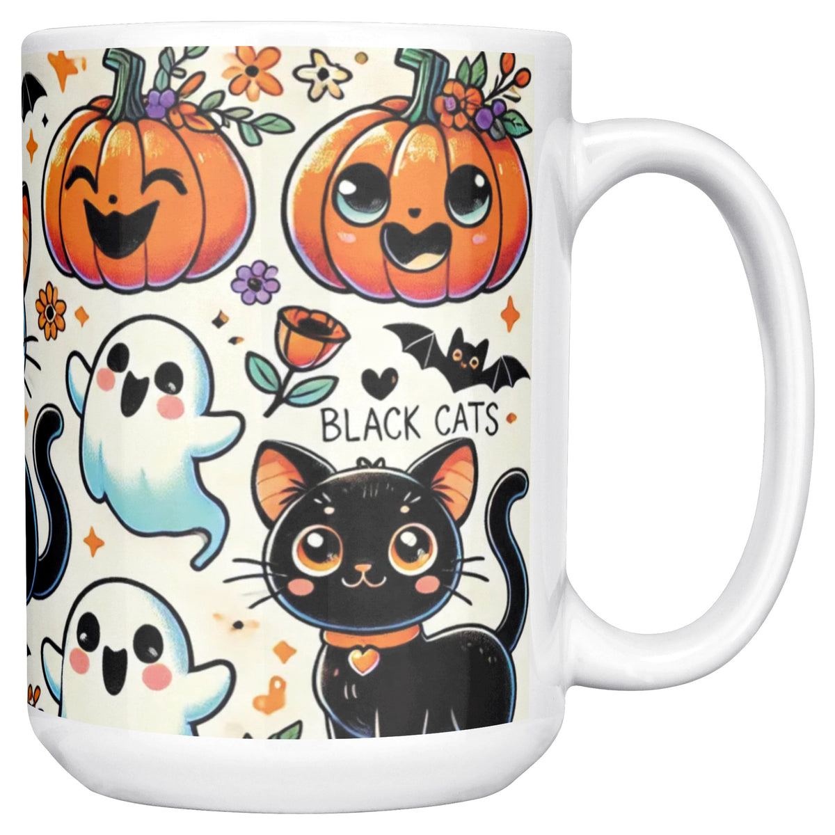 Cute Ghosts, Pumpkins And Black Cat 15 Oz Mug