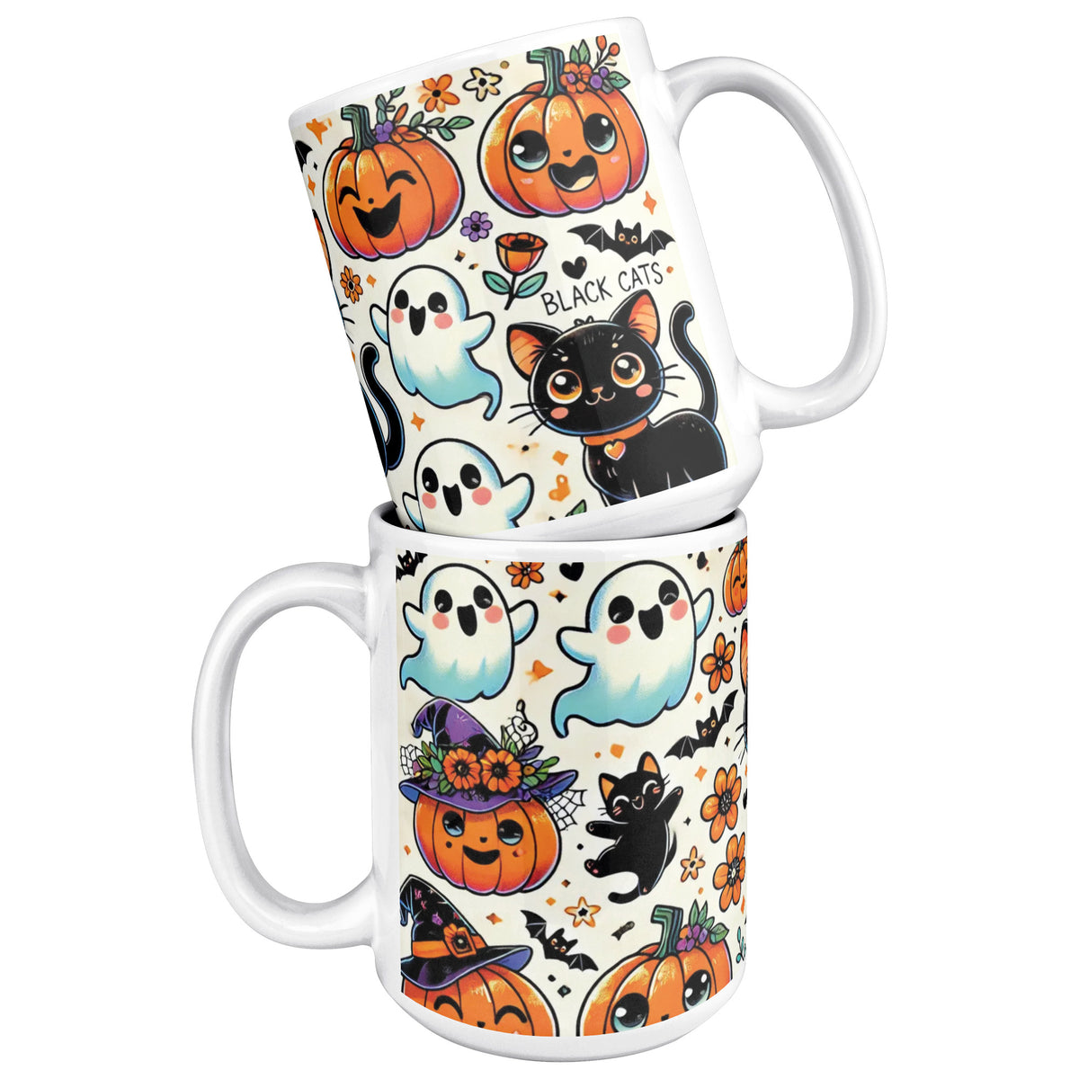 Cute Ghosts, Pumpkins And Black Cat 15 Oz Mug