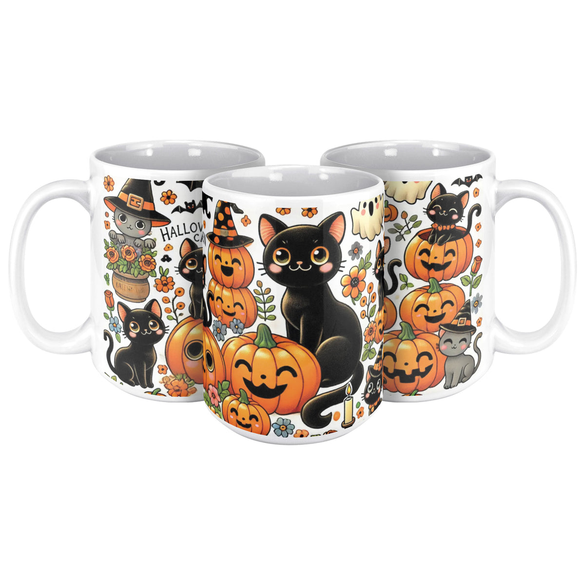 Cute Pumpkins, Ghosts And Black Cat Full Wrap 15 Oz Mug