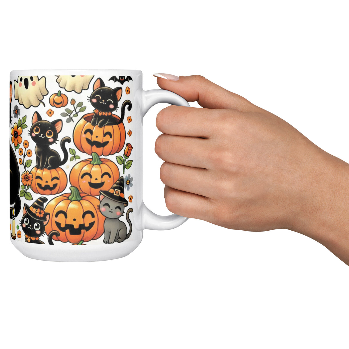 Cute Pumpkins, Ghosts And Black Cat Full Wrap 15 Oz Mug