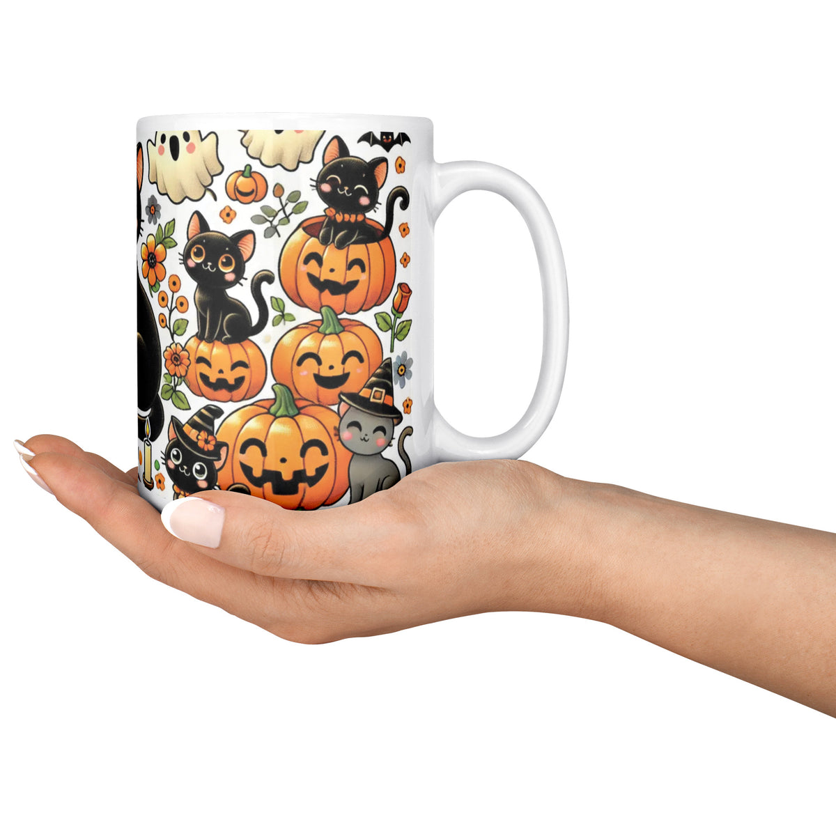 Cute Pumpkins, Ghosts And Black Cat Full Wrap 15 Oz Mug