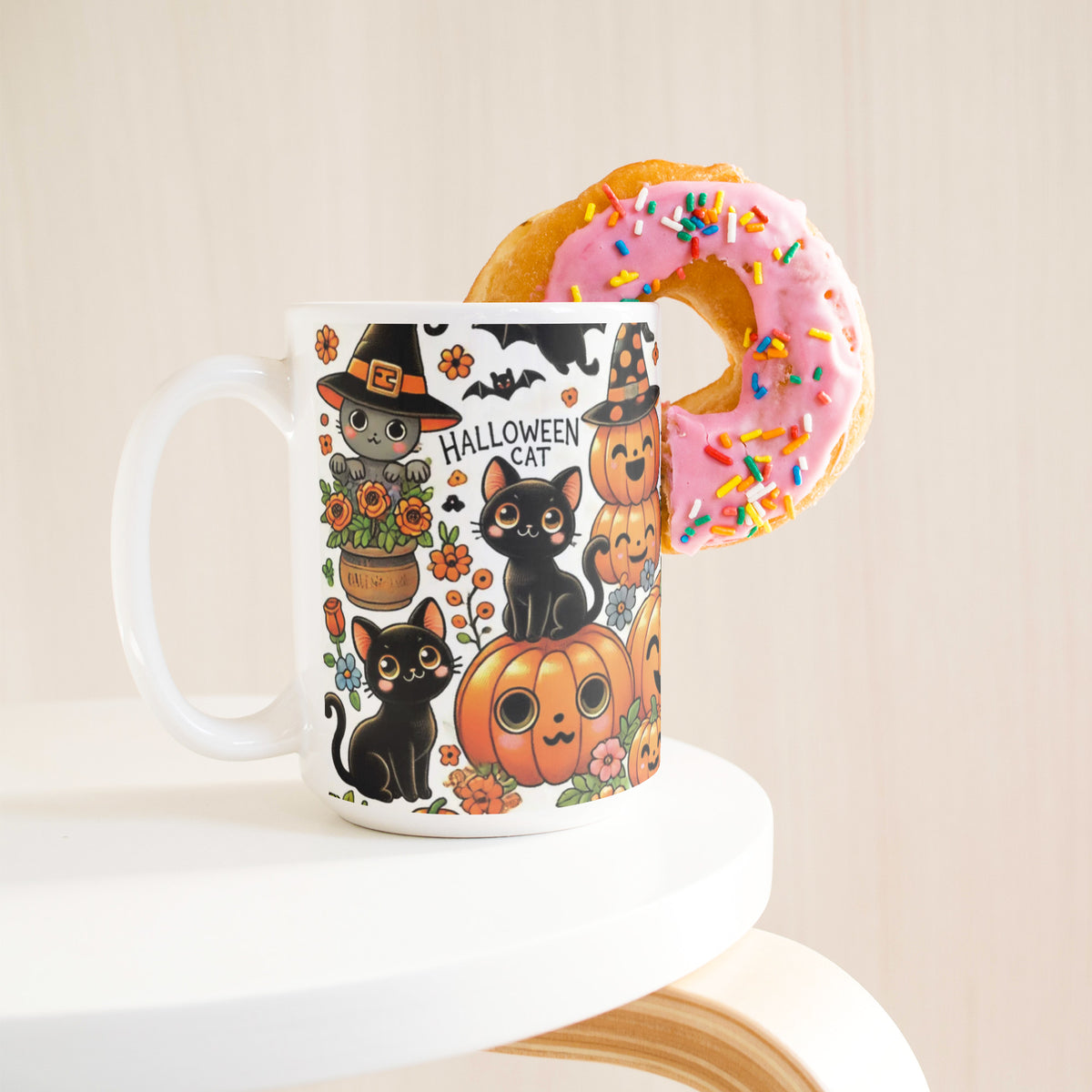 Cute Pumpkins, Ghosts And Black Cat Full Wrap 15 Oz Mug
