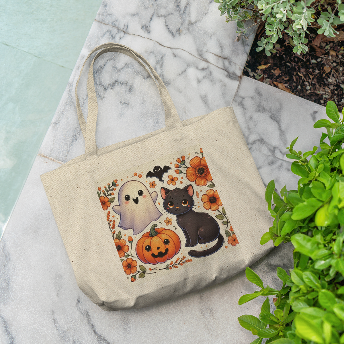 Halloween Cotton Tote Bag with Black Cat, Ghost, and Pumpkin Design - Perfect for Trick-or-Treating and Fall Fun