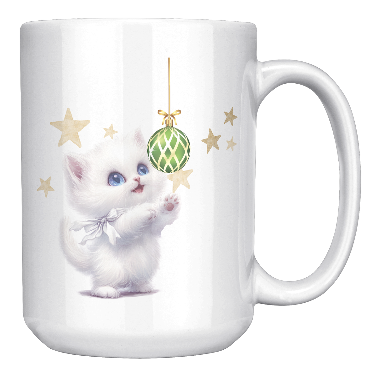 White Kitty With Ornament And Stars 15oz White Mug