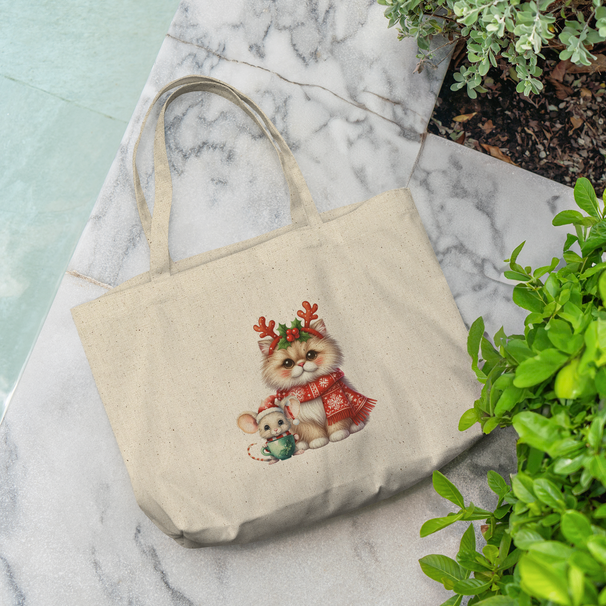 Festive Cat and Mouse Holiday Tote Bag