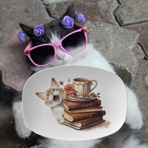 Cute Kitty With Coffee And Books 10 x 14 Platter - crazyaboutcoffeeandcats