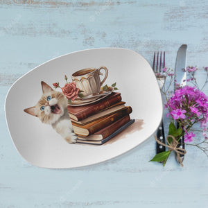 Cute Kitty With Coffee And Books 10 x 14 Platter - crazyaboutcoffeeandcats