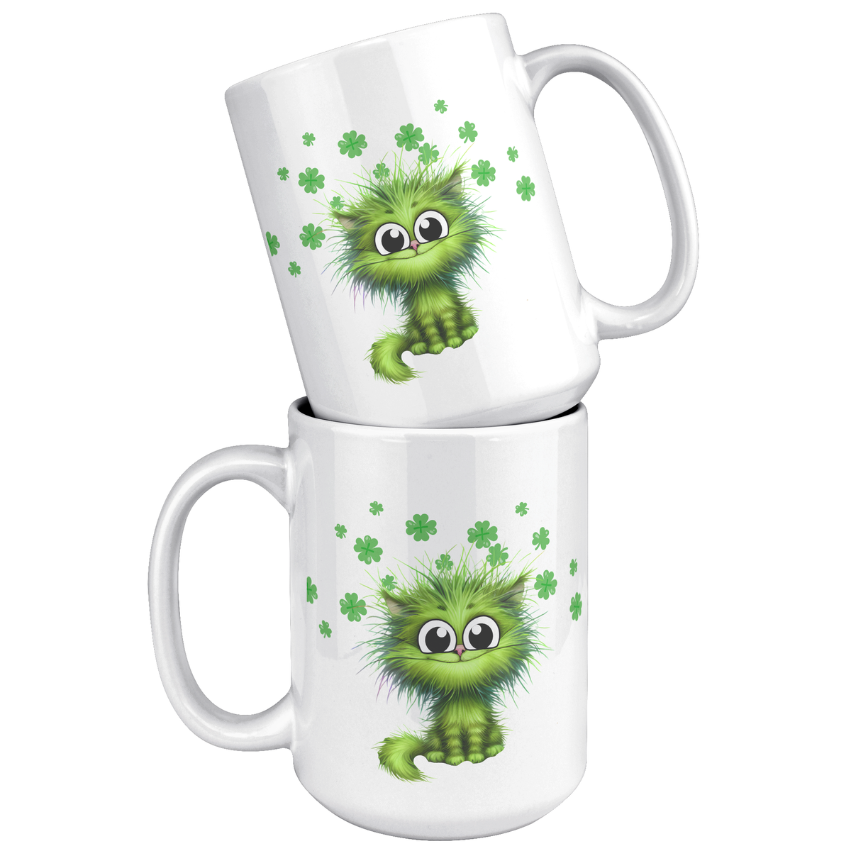 Green Cat And 4 Leaf Clovers 15oz White Mug