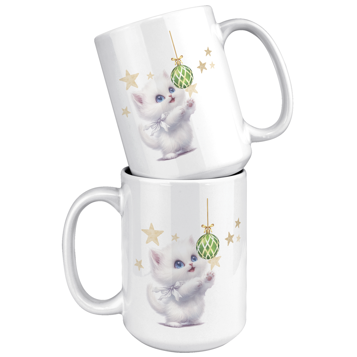 White Kitty With Ornament And Stars 15oz White Mug