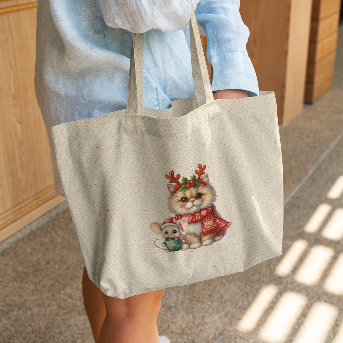 Festive Cat and Mouse Holiday Tote Bag