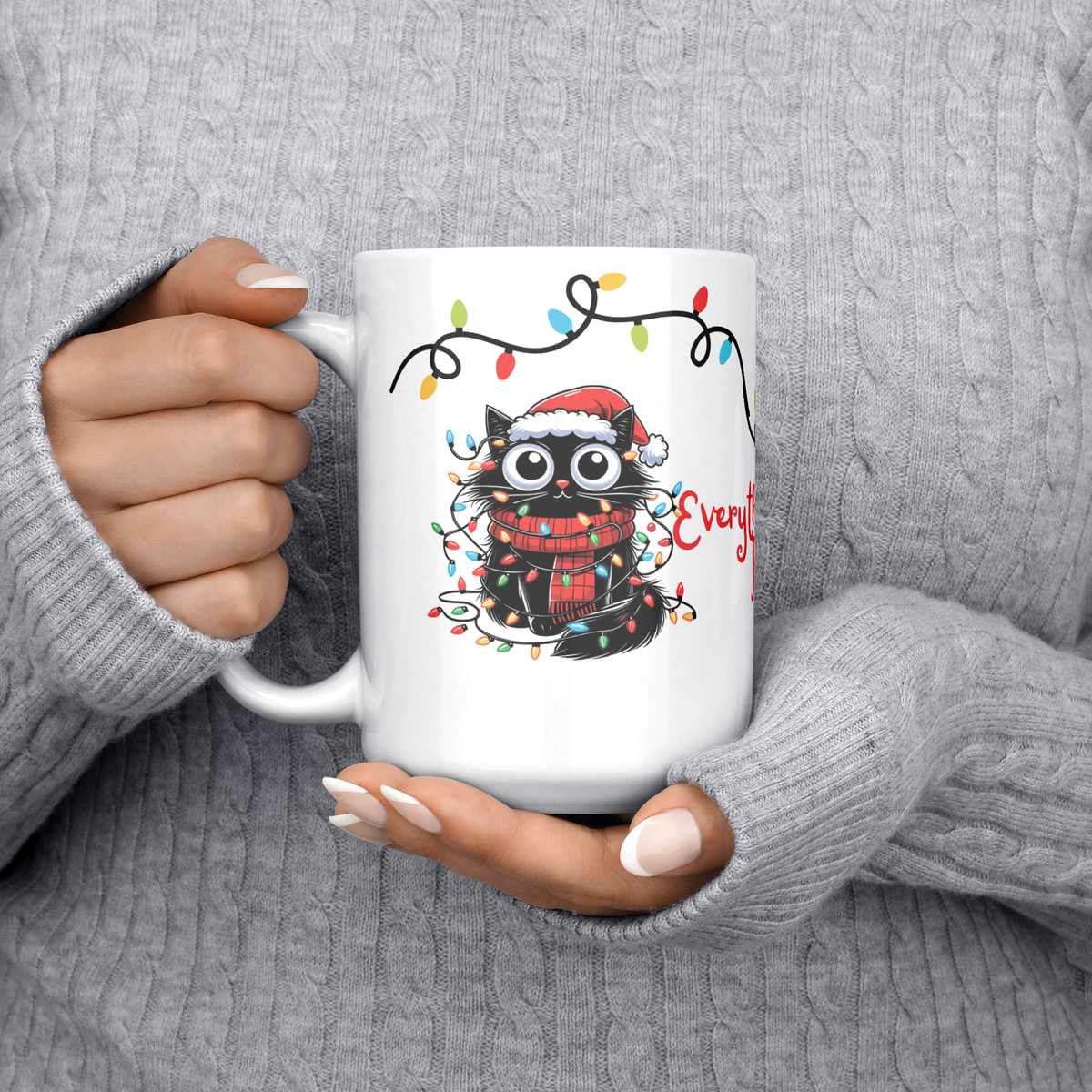 I'm Fine Everything's Fine Funny Christmas Cat Mug - Adorable Black Cat Tangled in Holiday Lights, Perfect Gift for Cat Lovers 15 oz