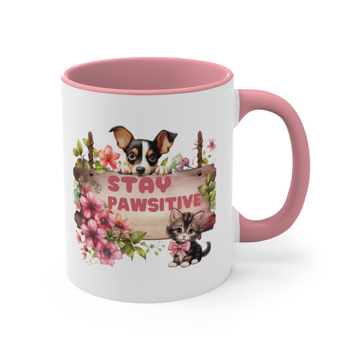 Stay Pawsitive Dog Cat Accent Coffee Mug, 11oz - crazyaboutcoffeeandcats