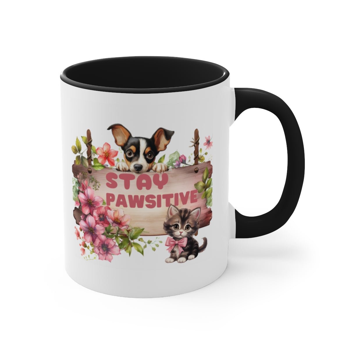 Stay Pawsitive Dog Cat Accent Coffee Mug, 11oz - crazyaboutcoffeeandcats