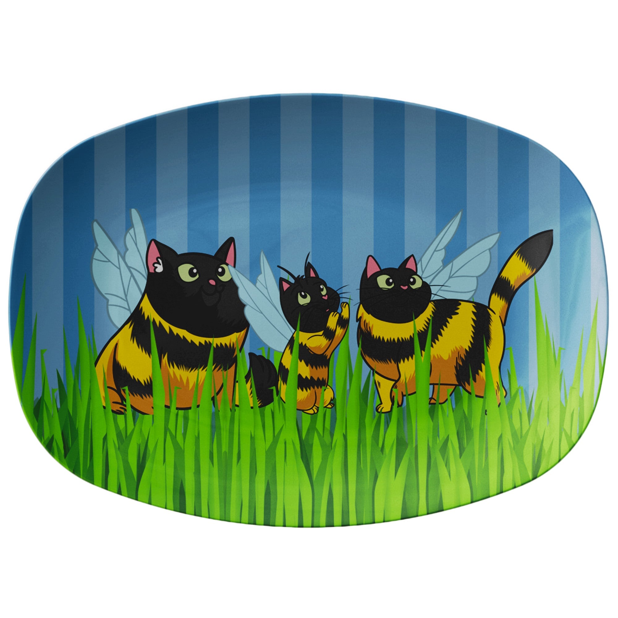 3 Cat Bees Blue Striped Platter