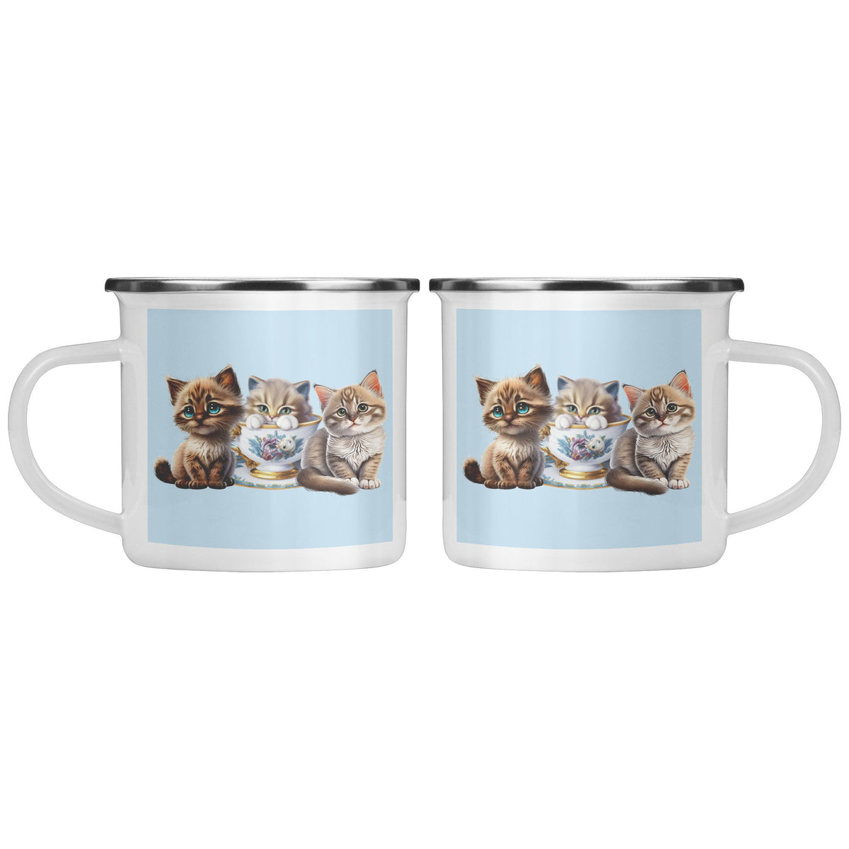 3 Little Kittens 10 Camping Mug Blue Background - crazyaboutcatsandcoffee
