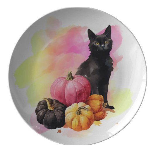 Black Cat And Pumpkins 10" Plate - crazyaboutcoffeeandcats