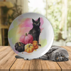 Black Cat And Pumpkins 10" Plate - crazyaboutcoffeeandcats