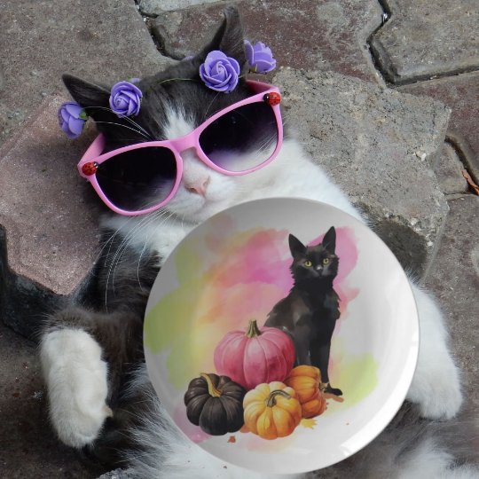 Black Cat And Pumpkins 10" Plate - crazyaboutcoffeeandcats
