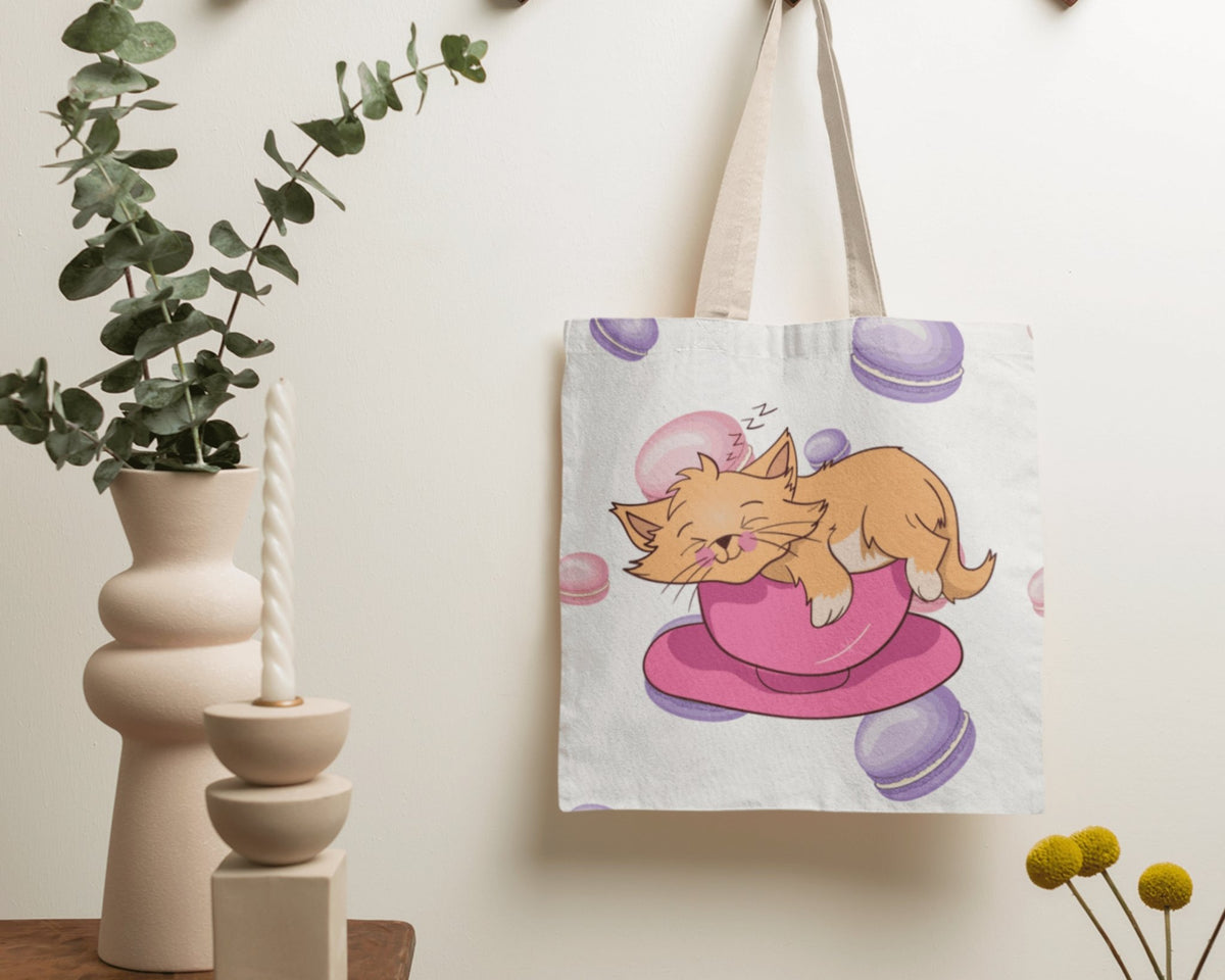Brown Kitty In Majenta Teacup Cotton Tote Bag