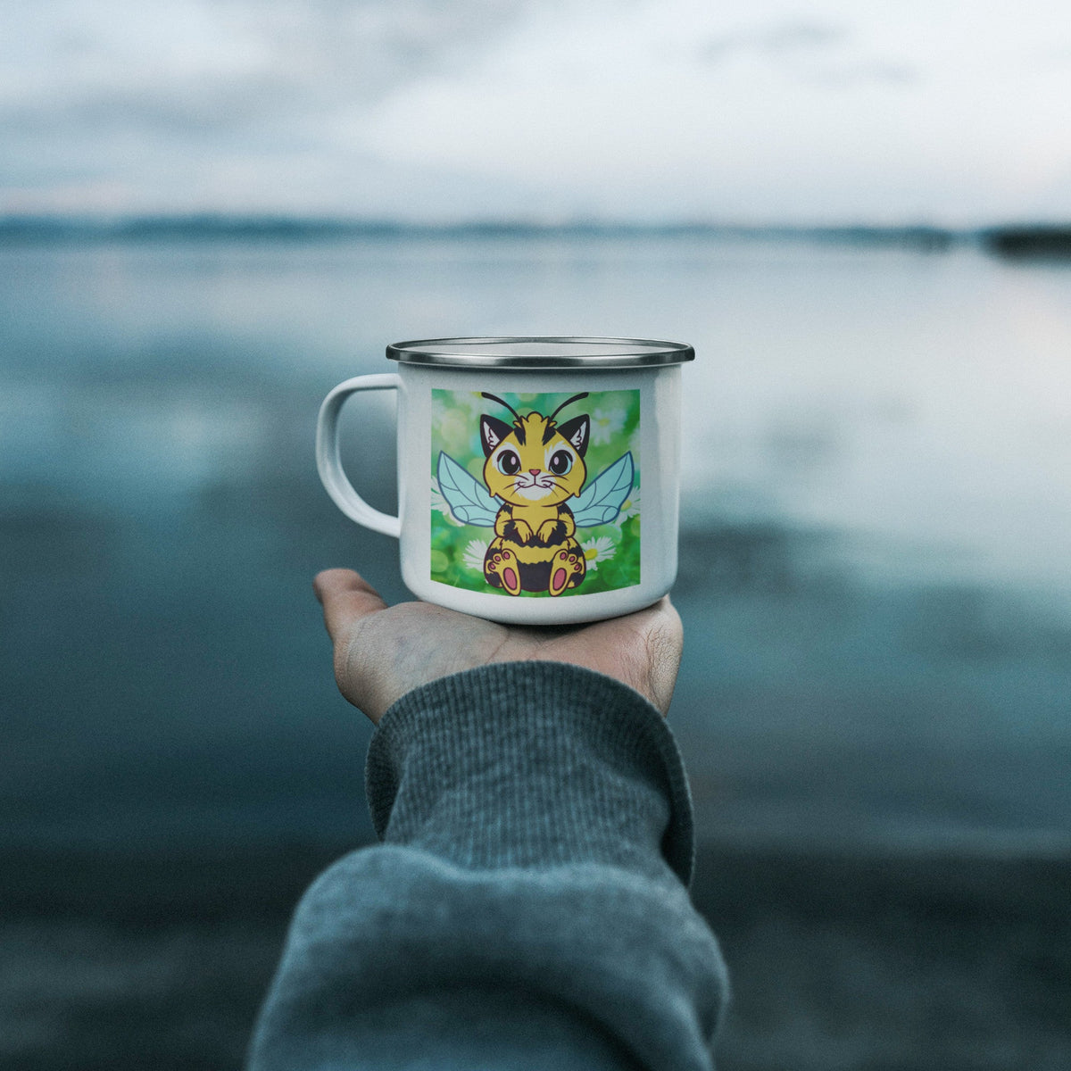 Butterfly Cat Bee 12oz Camping Mug - crazyaboutcatsandcoffee