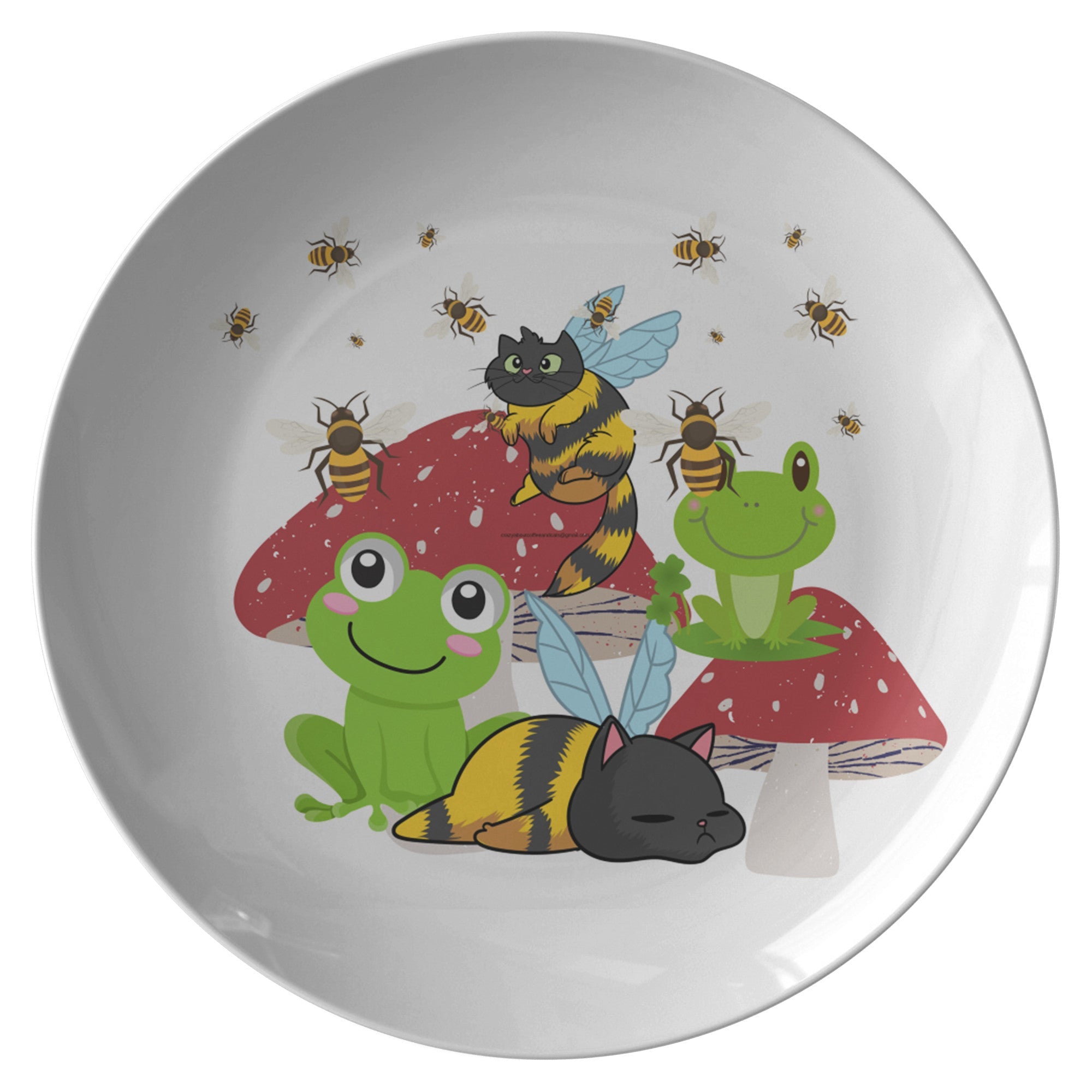 Cat Bee Mushroom And Frog 10 Inch Plate | Outside Dining Plates | - crazyaboutcatsandcoffee