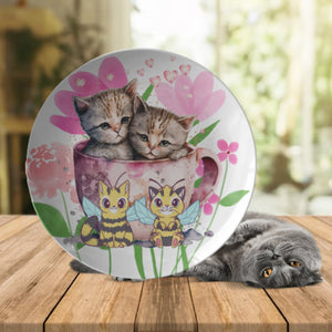 Cat Bees & Kittens In A Coffee Cup Plate