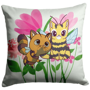 Cat Bees With Fuchsia Floral Elements 16" Pillow