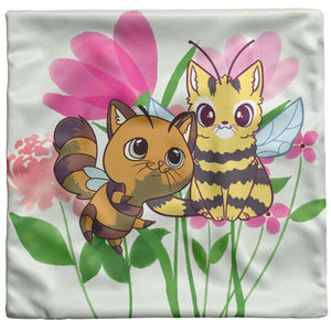 Cat Bees With Fuchsia Floral Elements 16" Pillow