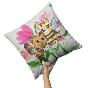 Cat Bees With Fuchsia Floral Elements 16" Pillow