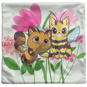 Cat Bees With Fuchsia Floral Elements 16" Pillow