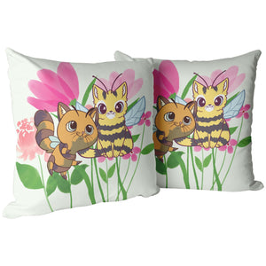 Cat Bees With Fuchsia Floral Elements 16" Pillow