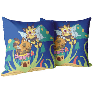 Cat Bees With Mushrooms Green And Blue 16" Pillow