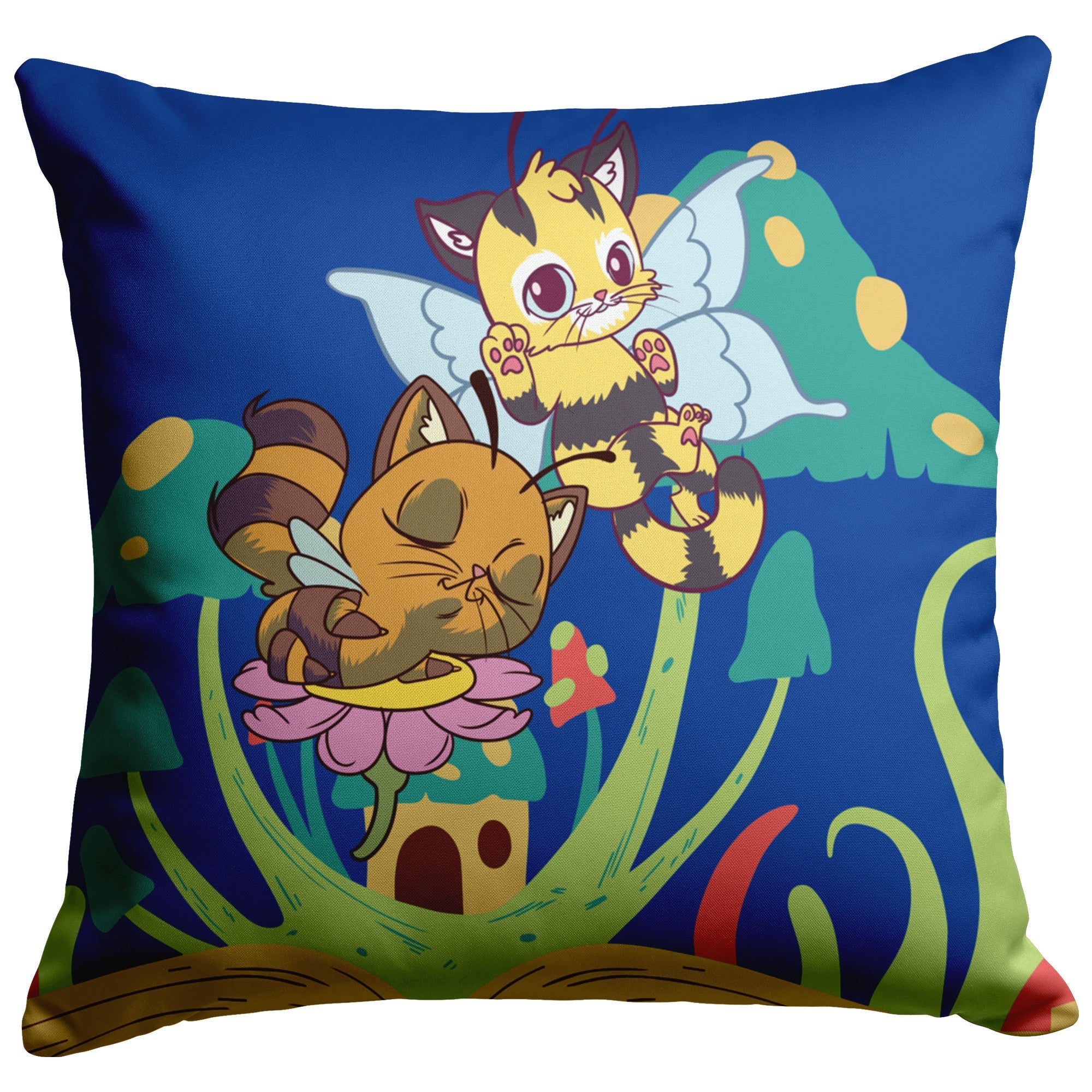 Cat Bees With Mushrooms Green And Blue 16" Pillow