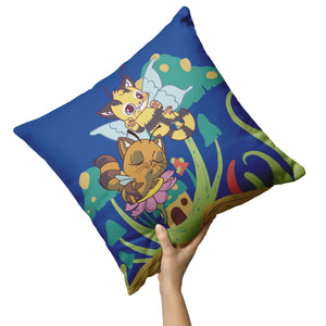 Cat Bees With Mushrooms Green And Blue 16" Pillow