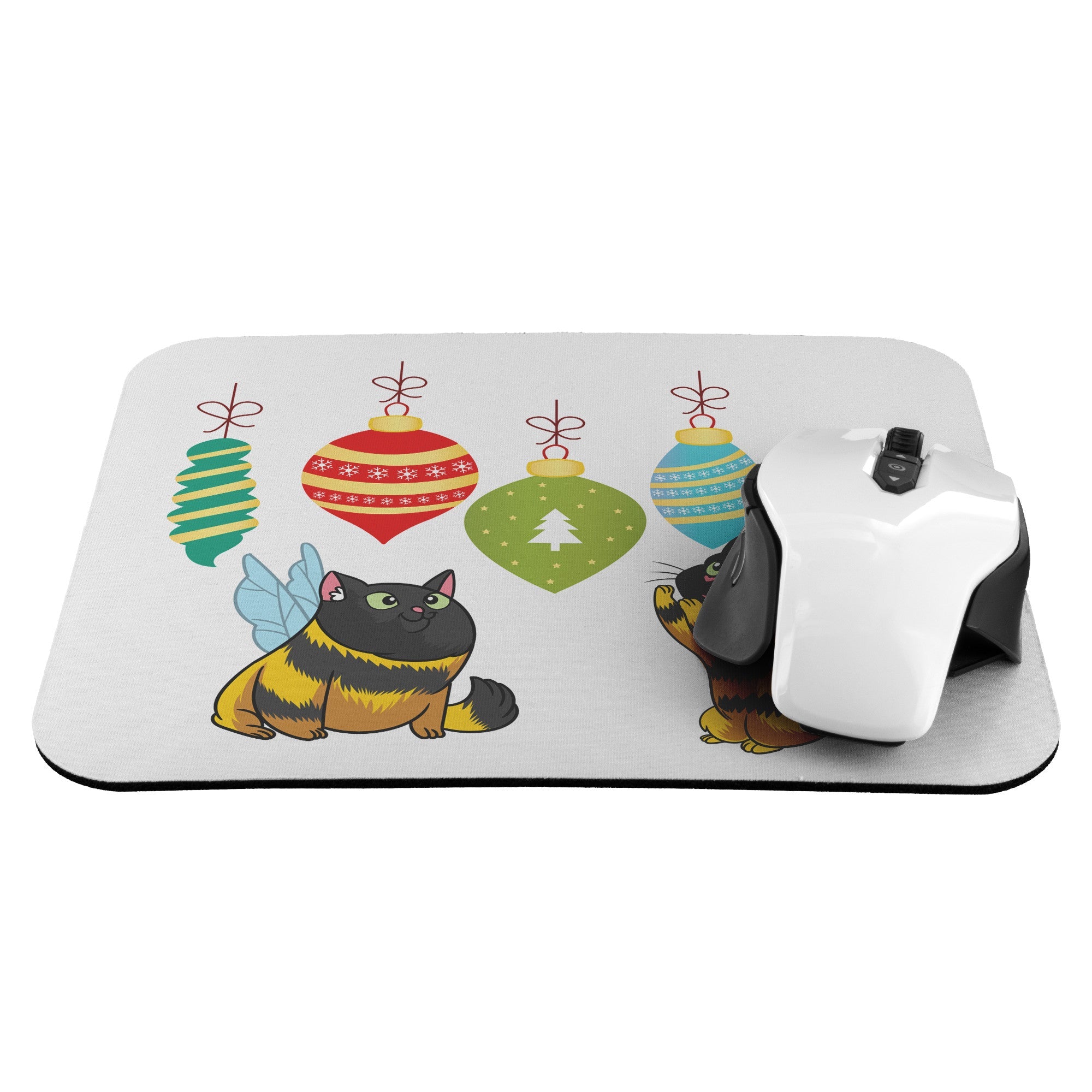 Christmas Mousepad With Cat Bees And Ornaments | - crazyaboutcatsandcoffee