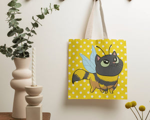 Cute Cat Bee With Small Polka Dots Cotton Tote Bag