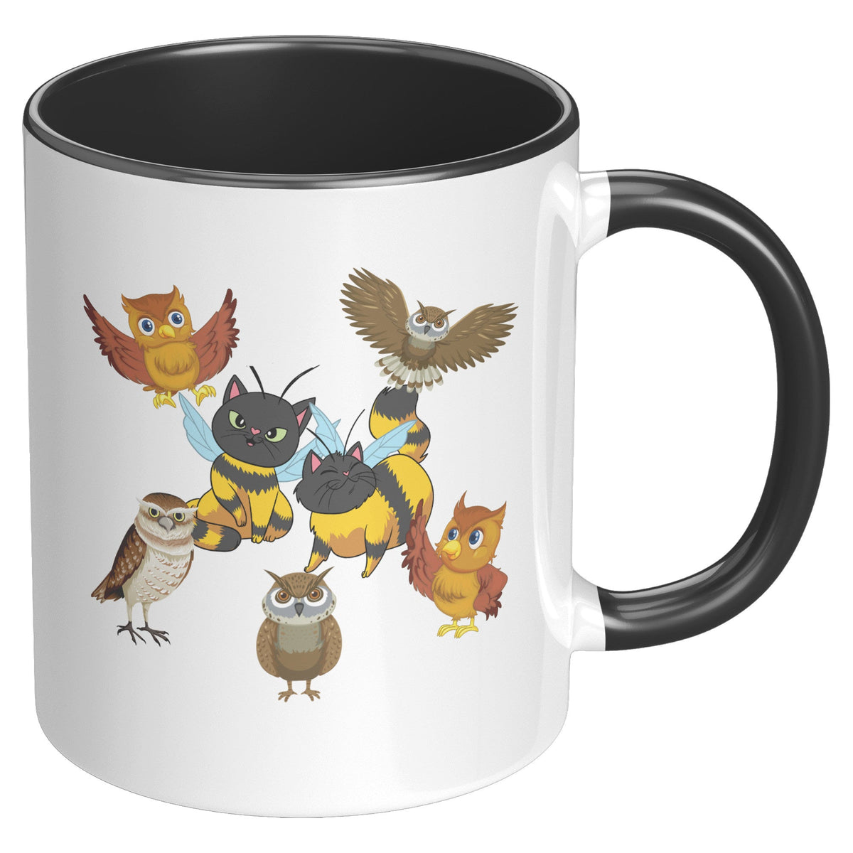 Cute Cat Bees And Flying Owls Accent Mug