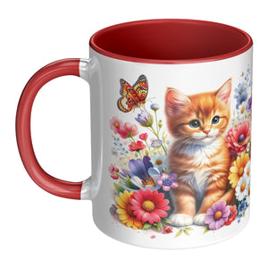 Cute Cat With Flowers And Butterflies 11 Oz Accent Mug - crazyaboutcoffeeandcats